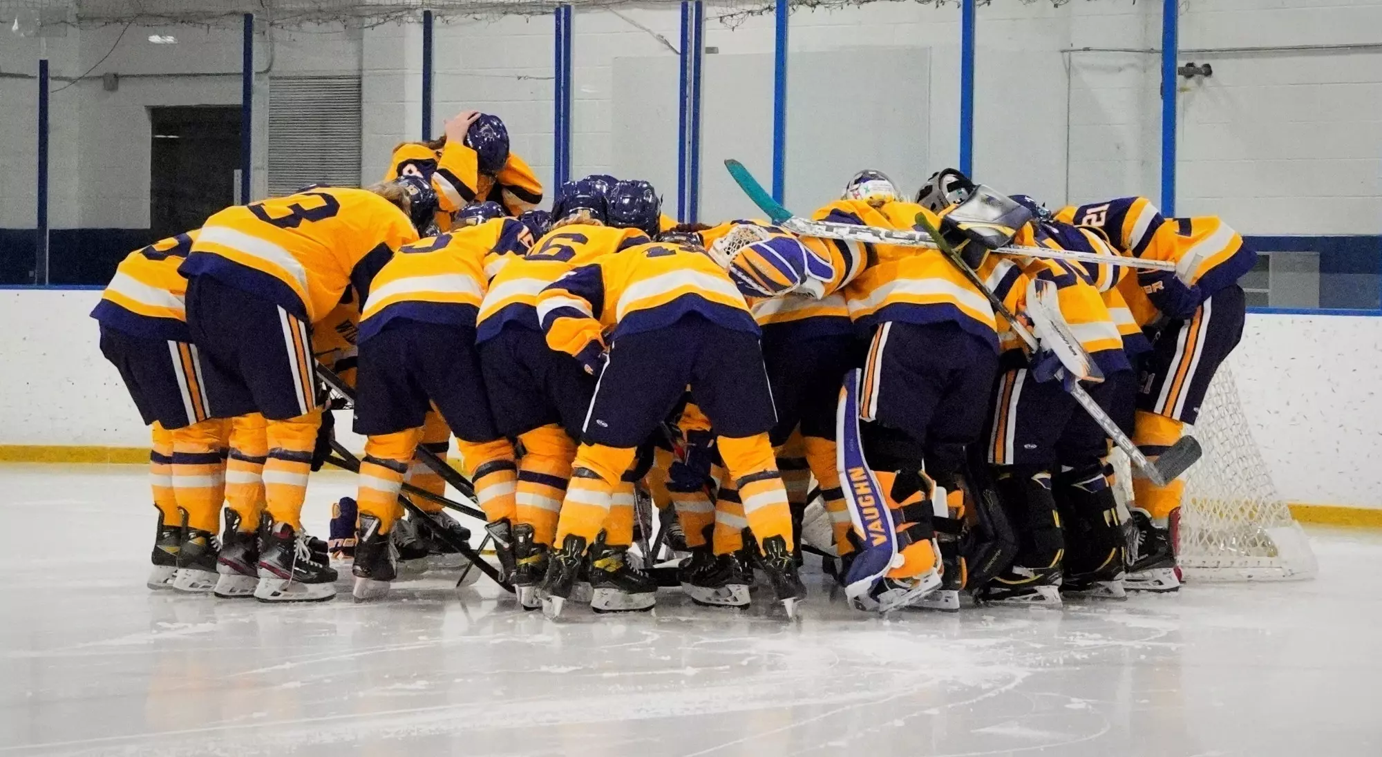 Wildcat hockey huddle around the net