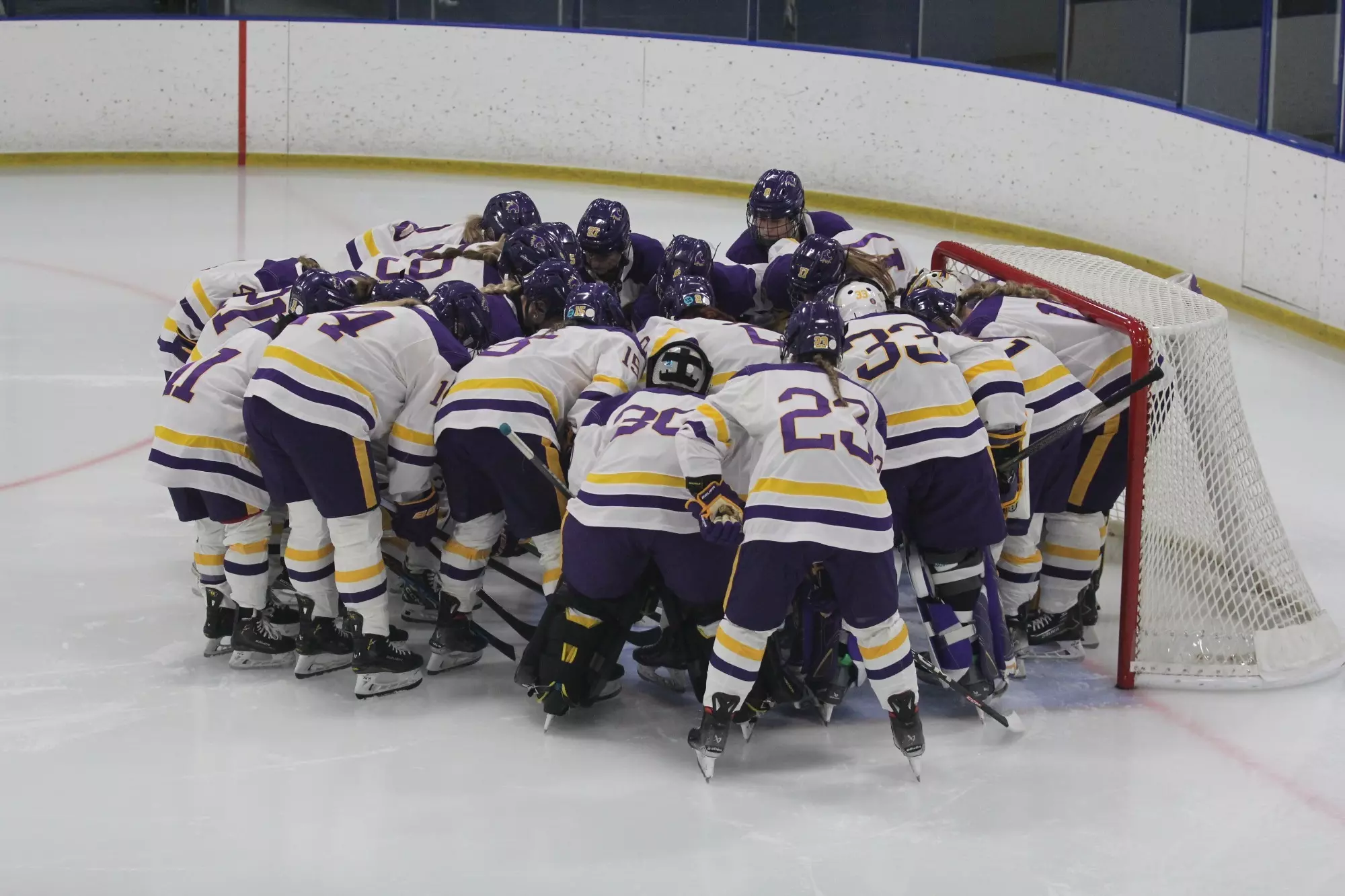 Hockey team huddle around net