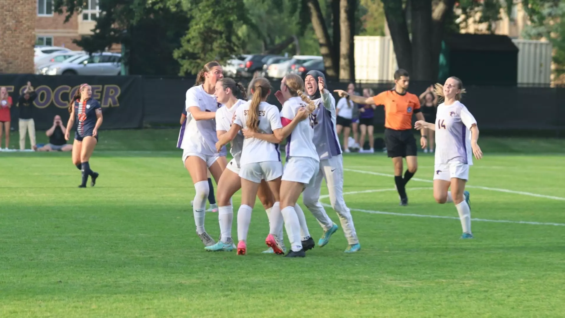Soccer team celebration after goal